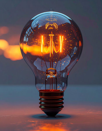 An incandescent lightbulb stands against a beautiful sunset, its filament glowing with a warm, inviting light.の素材