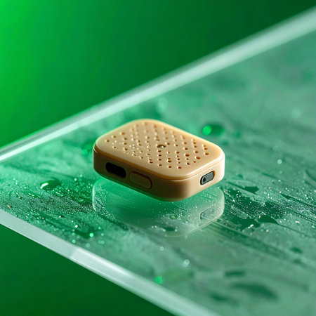 A tiny, sophisticated listening device rests on a wet glass surface, its purpose hidden in the shadows.の素材
