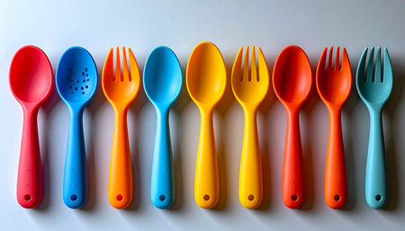 A vibrant collection of colorful plastic utensils lined up in a neat row.の素材