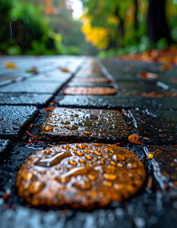After a gentle autumn shower, glistening raindrops cling to the textured surface of an old cobblestone path.の素材