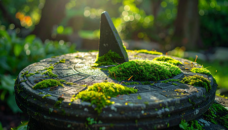 An ancient stone sundial, reclaimed by nature, is covered in vibrant green moss.の素材
