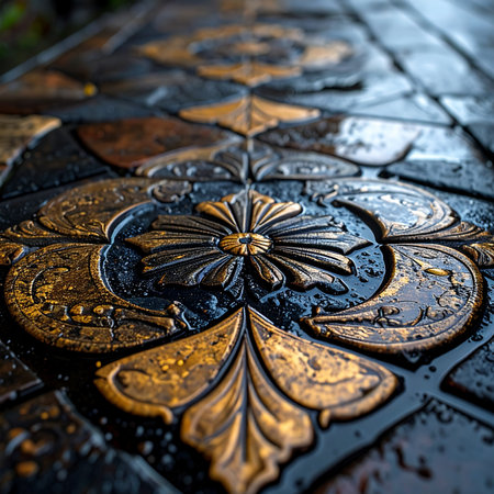 A low-angle perspective reveals the intricate details of an ancient, embossed metal floor.の素材
