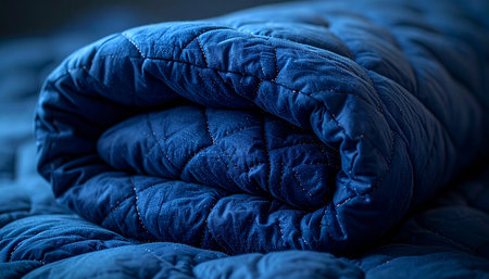A deep blue weighted blanket is folded neatly on a bed, its quilted texture catching the soft, low light.の素材