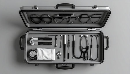 An overhead, black and white view of a classic doctor's briefcase, meticulously organized with essential diagnostic tools.の素材