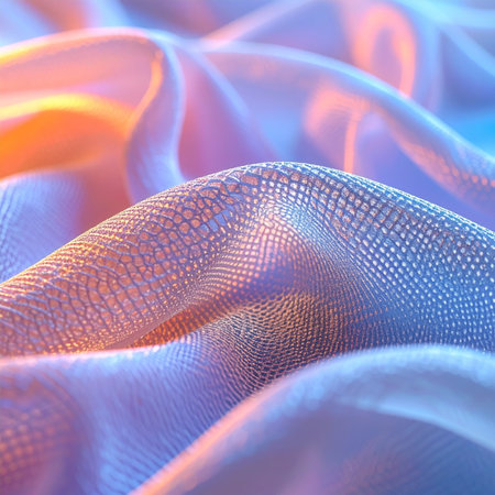 Soft waves of an iridescent fabric catch the light, creating a mesmerizing dance of warm orange and cool blue hues.の素材