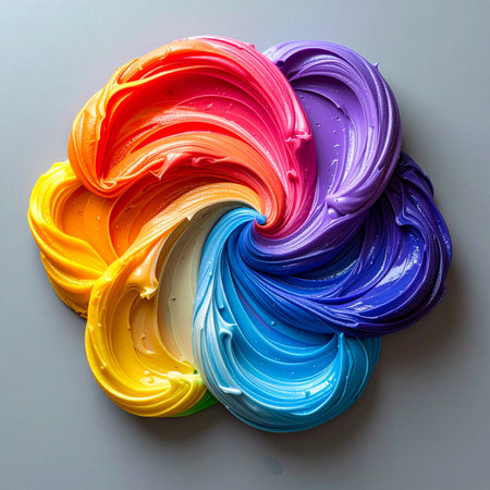 A vibrant swirl of thick, textured paint captures a moment of pure creative energy.の素材