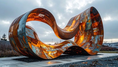 A monumental abstract sculpture made of weathered Corten steel stands as a powerful landmark against a dramatic, overcast sky.の素材