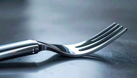 A single, elegant fork rests on a cool, reflective steel surface, its polished tines catching the subtle light.の素材