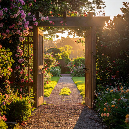 An open wooden gate, framed by blooming pink roses, invites you down a stone path into a secret garden.の素材