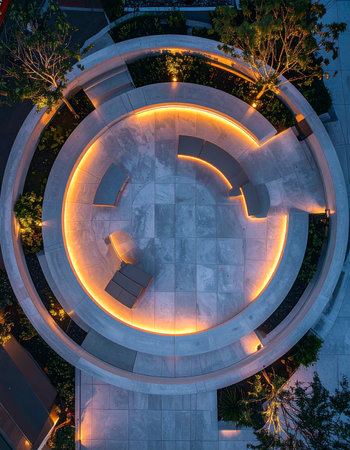 An aerial top-down view captures a futuristic urban plaza at twilight.の素材