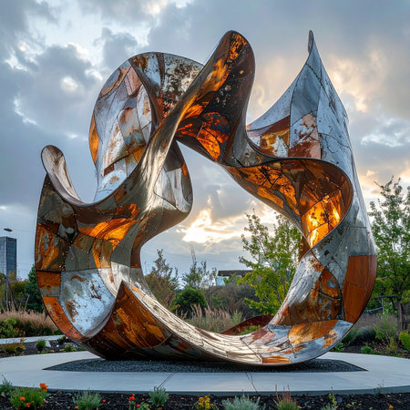 As the sun sets, its warm light catches the contrasting surfaces of a monumental abstract sculpture.の素材