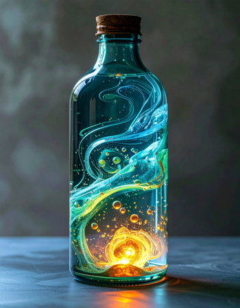 A mysterious glass bottle holds a swirling, bioluminescent elixir, glowing with an inner light from a powerful source at its base.の素材