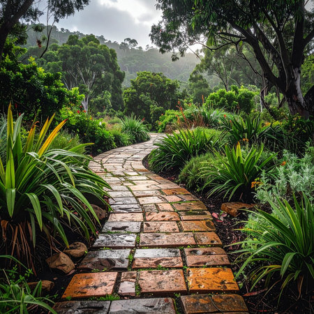 Follow the gentle curve of a wet stone path as it meanders through a vibrant, verdant garden.の素材