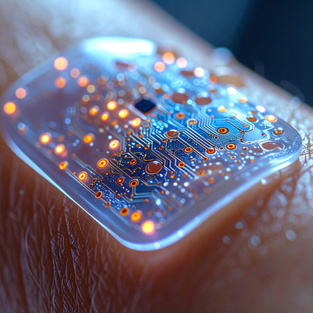 A close-up view of a futuristic bio-integrated sensor seamlessly attached to human skin.の素材