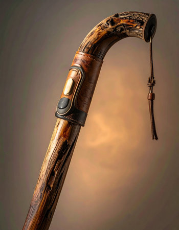 A close-up reveals the intricate details of a masterfully handcrafted walking cane.の素材