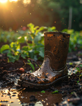 After a long and productive day of tending the crops, a single muddy boot stands as a testament to the hard work.の素材