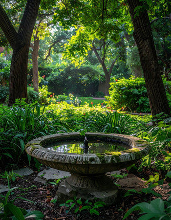 A hidden stone bird bath, weathered by time and covered in moss, sits peacefully in a secluded corner of a lush woodland garden.の素材