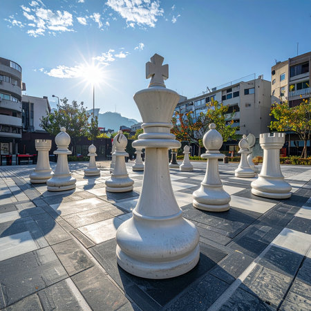 In a sun-drenched city square, giant chess pieces stand ready for a battle of wits.の素材