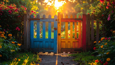 A vibrant, two-toned gate stands as a portal in a blooming garden, bathed in the warm, golden light of a magical sunset.の素材