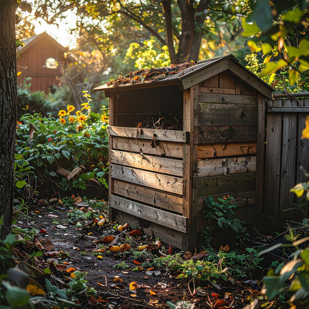 In a quiet corner of a lush autumn garden, a rustic wooden compost bin stands bathed in the warm glow of the late afternoon sun.の素材