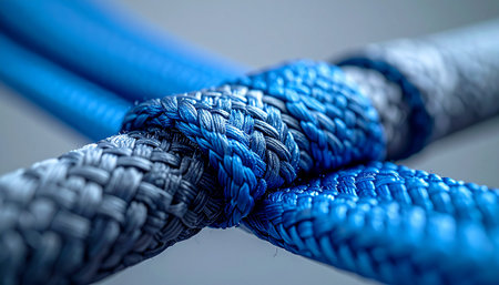 A macro shot captures the intricate detail of a strong knot, where two durable braided ropes are securely joined.の素材