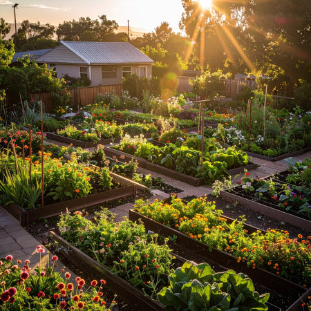 The golden light of a setting sun bathes a thriving community garden in a warm, peaceful glow.の素材