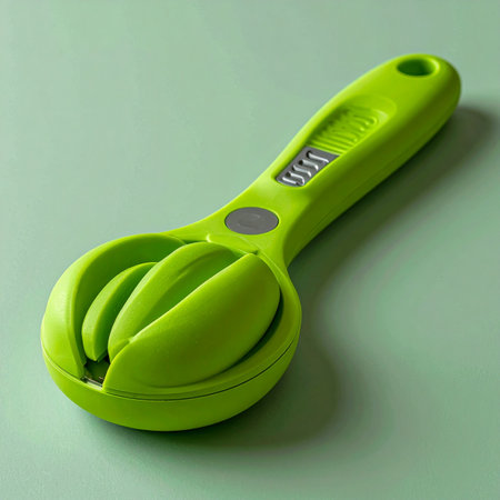 A vibrant green citrus slicer sits ready on a matching background, a symbol of modern kitchen efficiency.の素材