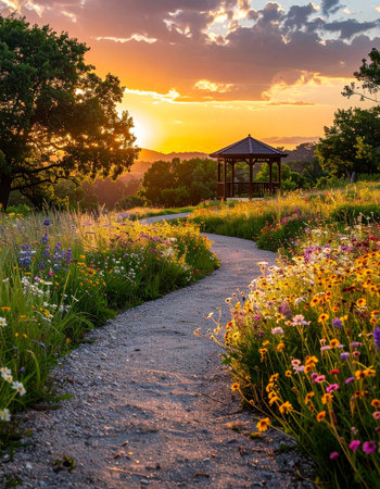 A winding gravel path meanders through a vibrant wildflower garden, bathed in the warm, golden light of a breathtaking sunset.の素材