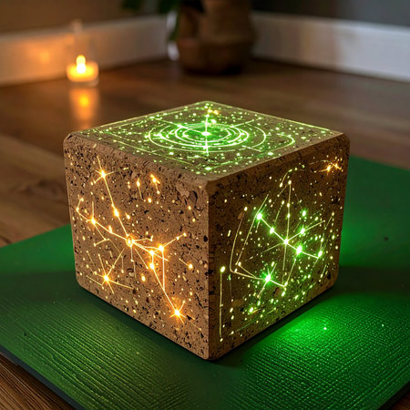 In a tranquil space designed for mindfulness, a unique cork cube emanates a celestial glow.の素材