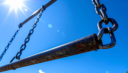 A low-angle view captures a weathered, rusty trapeze bar against a brilliant blue sky with a bright sun flare.の素材