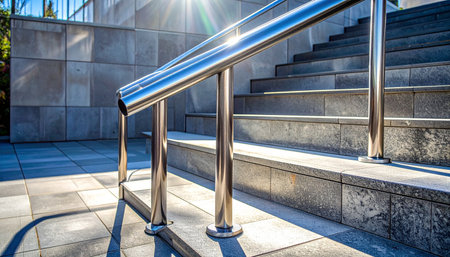 Sunlight glints off a sleek stainless steel handrail, guiding the way up a set of modern stone stairs.の素材
