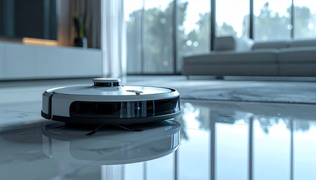 In a sunlit, modern living room, an autonomous robot vacuum glides silently across the reflective floor, effortlessly handling daily chores.の素材