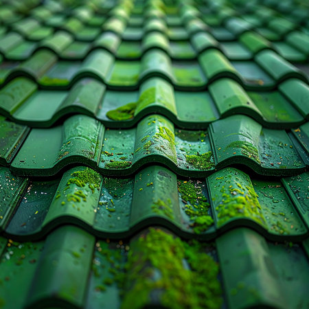 After a gentle shower, glistening raindrops cling to the vibrant green moss that has claimed a home on the weathered roof tiles.の素材