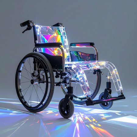 In a minimalist studio, an iridescent wheelchair transforms into a work of art, casting vibrant rainbow prisms onto the floor.の素材