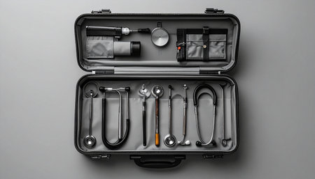 A classic doctor's diagnostic kit lies open, revealing a meticulously organized collection of vintage medical instruments.の素材