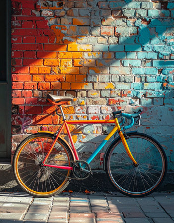 A vibrant, multi-colored bicycle rests against a sun-drenched brick wall adorned with colorful street art.の素材