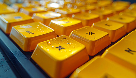 A dramatic close-up captures glistening water droplets on the vibrant yellow keys of a modern keyboard.の素材