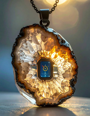 A close-up of a unique agate slice pendant, glowing with a warm, magical light from within.の素材