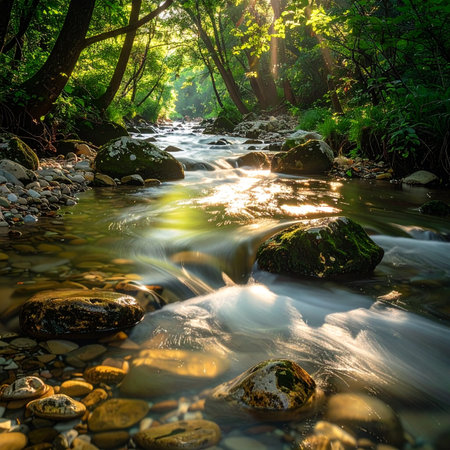 Golden morning light filters through a dense forest canopy, illuminating a pristine creek as it flows gently over moss-covered stones.の素材