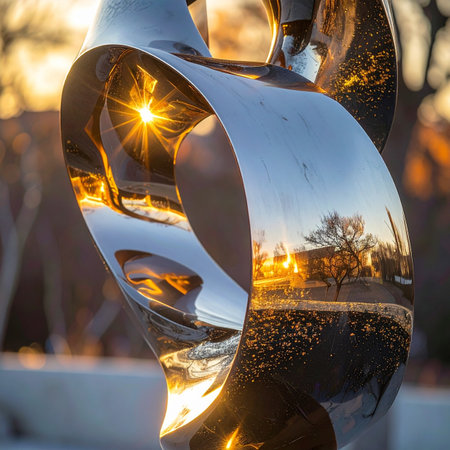 A polished, metallic sculpture twists elegantly, capturing the last rays of the setting sun.の素材