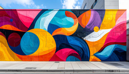 A burst of vibrant color and dynamic shapes transforms a plain city wall into a public masterpiece.の素材