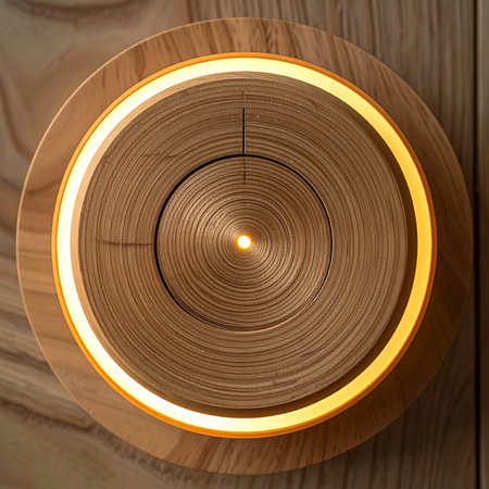 A warm, circular LED light illuminates the intricate concentric rings of a wooden surface.の素材