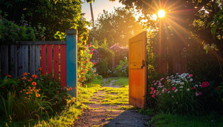 An open wooden gate invites you into a lush, secret garden bathed in the warm, golden light of a beautiful sunset.の素材