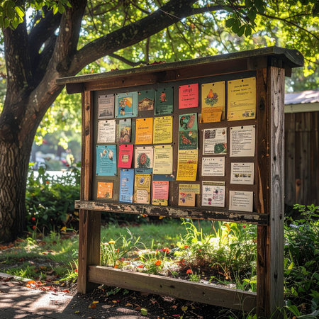 A rustic wooden bulletin board stands in a sun-dappled park, its surface a colorful collage of local flyers and community announcements.の素材