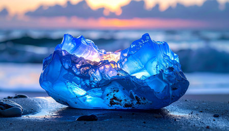 As the sun dips below the horizon, casting a warm glow across the sky, a mysterious, otherworldly object washes ashore.の素材