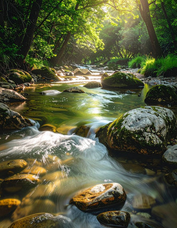Golden morning sunlight filters through a dense forest canopy, illuminating a pristine river as it flows gently over smooth stones.の素材