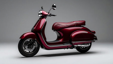 A beautifully restored vintage scooter, gleaming in a rich burgundy under perfect studio lights.の素材