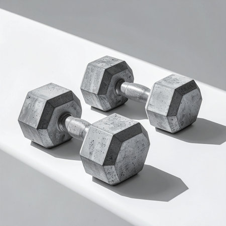 A pair of well-used hexagonal dumbbells rest in bright, high-contrast light, ready for a session of focused strength training.の素材