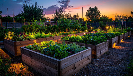 As the sun sets, casting a warm glow across the sky, small lights begin to illuminate a lush vegetable garden.の素材