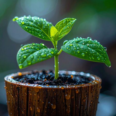 A tiny green seedling, adorned with glistening morning dew drops, pushes through the dark soil.の素材
